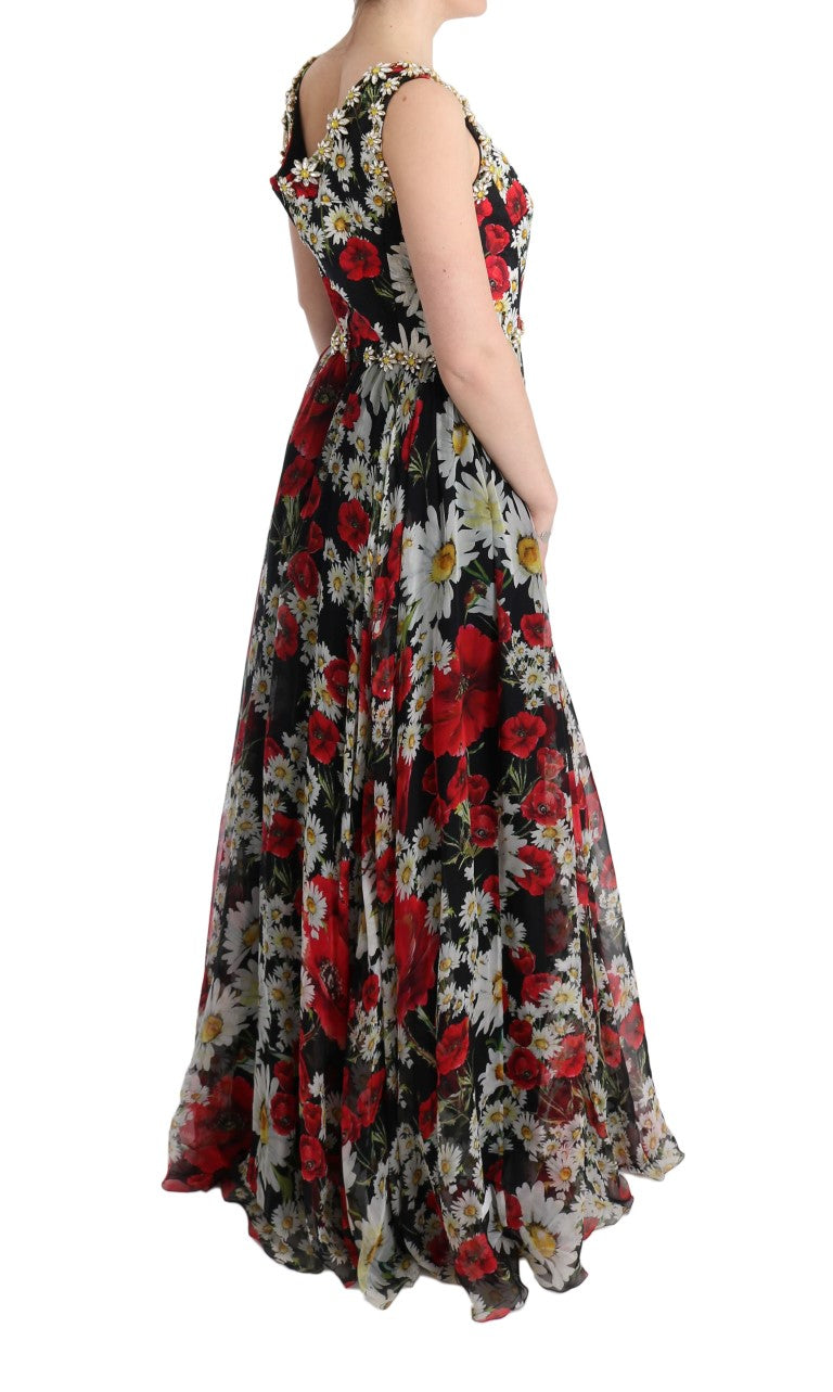 Geblümtes Maxikleid mit Sonnenblumen-Print und Kristallen