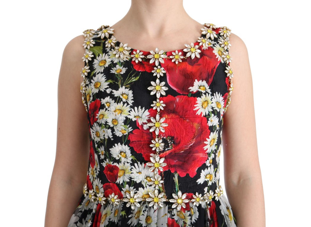 Geblümtes Maxikleid mit Sonnenblumen-Print und Kristallen