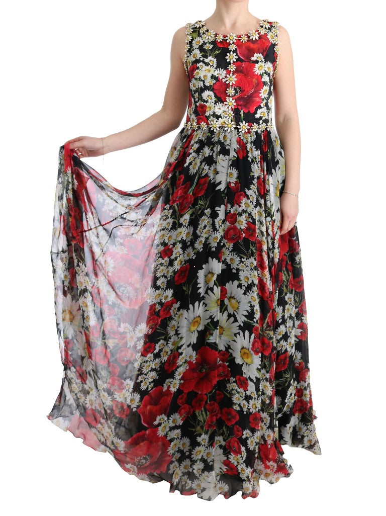 Geblümtes Maxikleid mit Sonnenblumen-Print und Kristallen