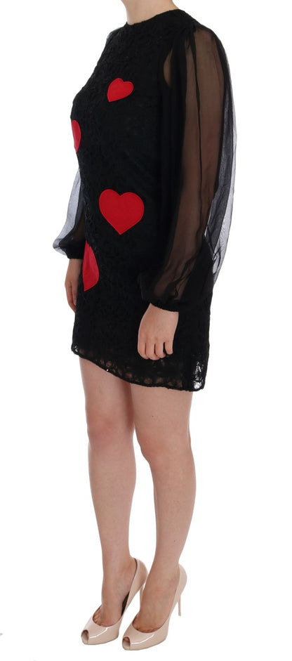 Elegant Black Lace Heart Applique Shift Dress