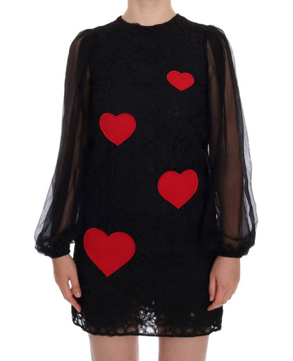 Elegant Black Lace Heart Applique Shift Dress