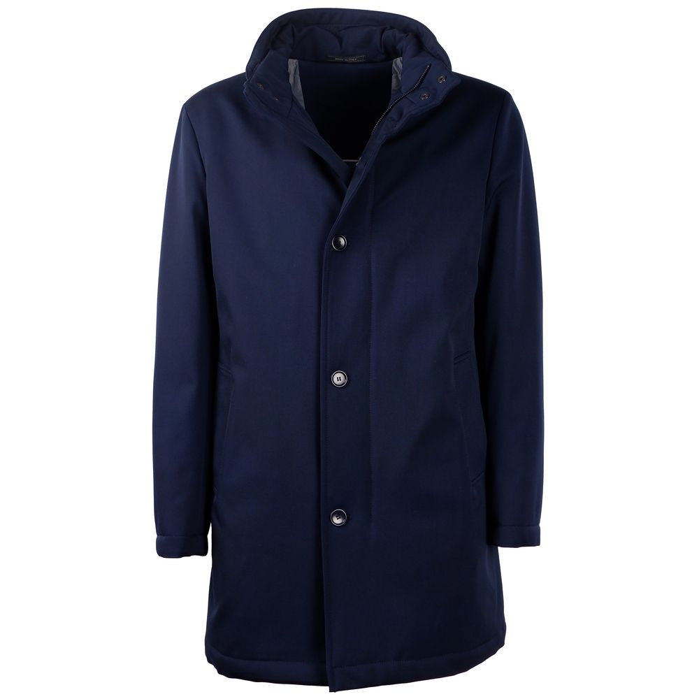 Elegant Blue Virgin Wool Storm System Coat