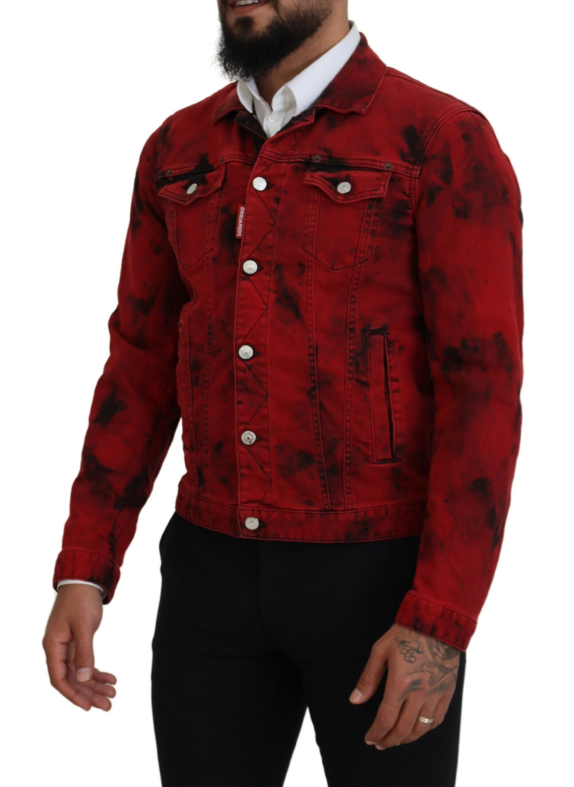 Rot-schwarze Jeansjacke mit Batikmuster und Kragen für Herren