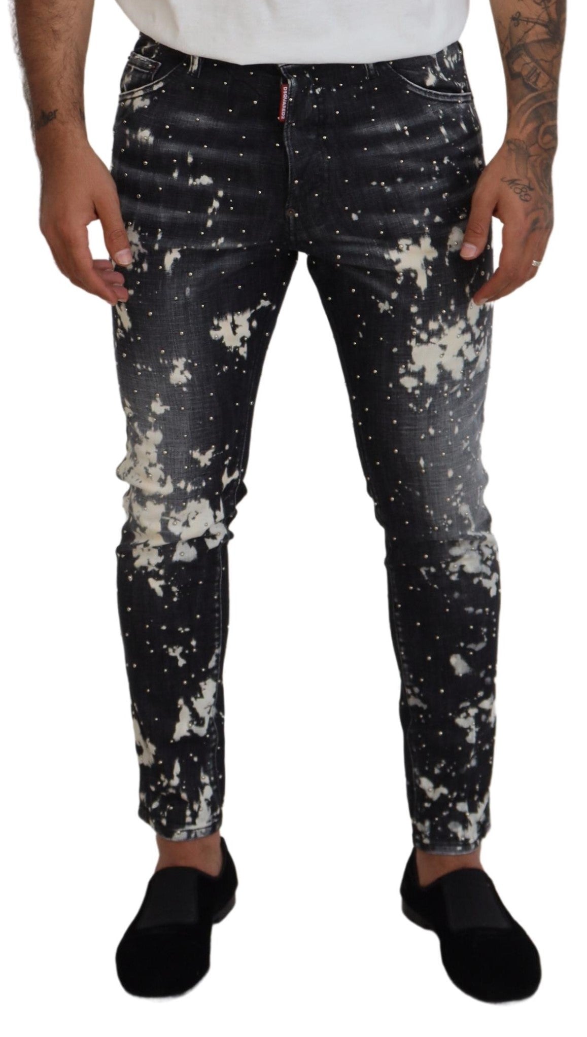 Grau verwaschene Skinny-Jeans mit weißem Spritzer-Print