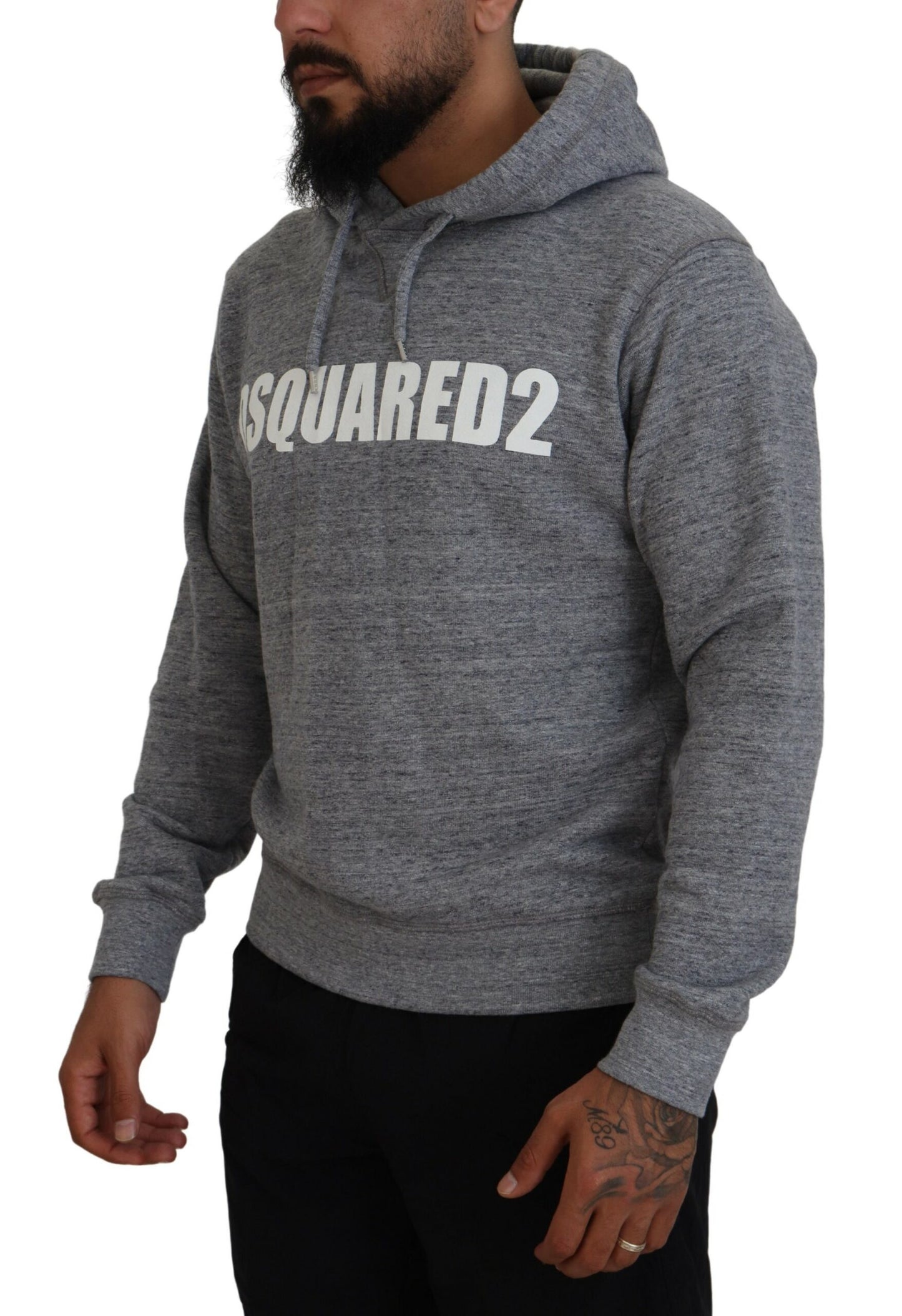 Grauer Pullover aus Baumwolle mit Kapuze und Logo-Print für Herren