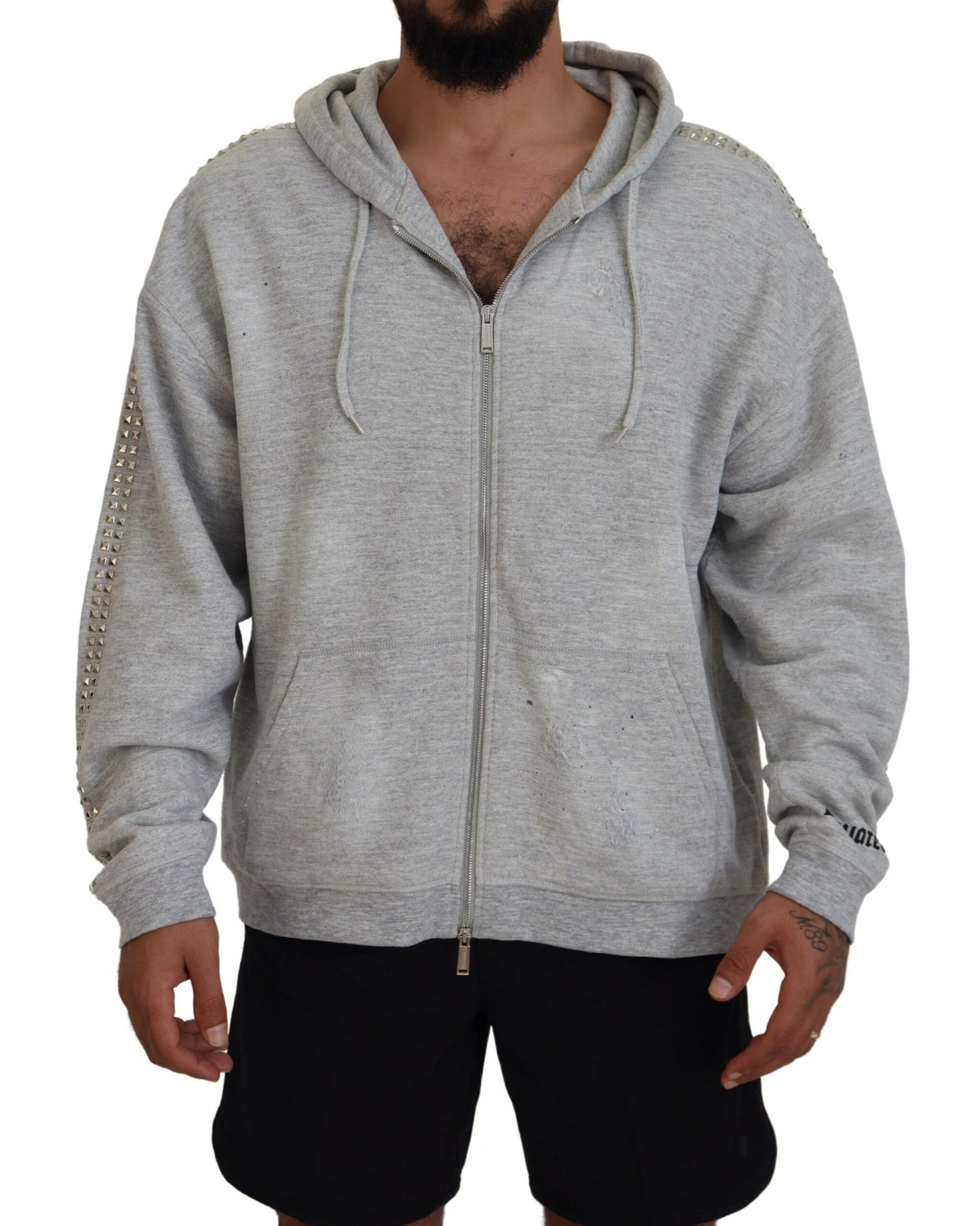 Grauer Pullover mit Kapuze und Kristallverzierung