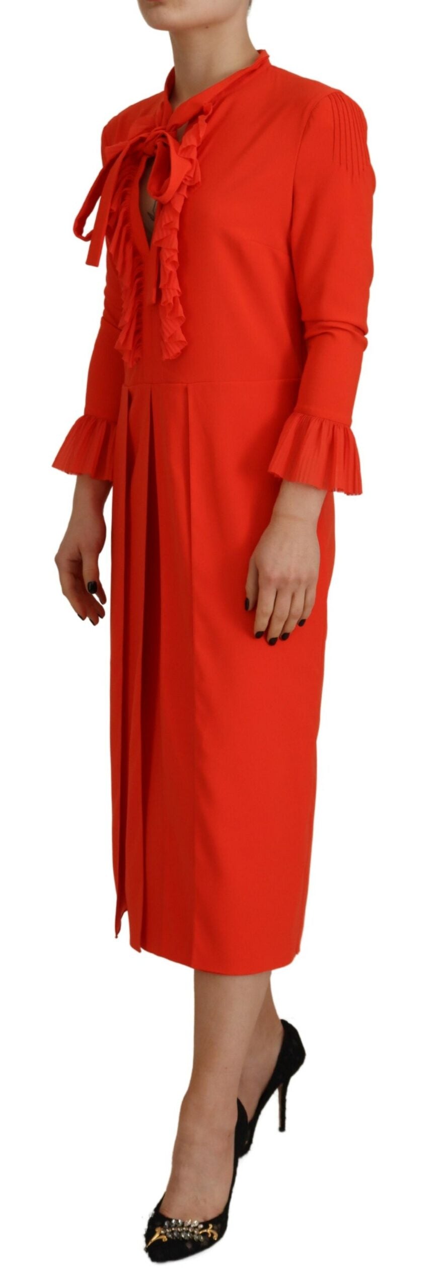 Rotes, langärmliges, plissiertes Midikleid aus Polyester