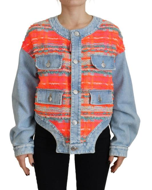 Orange-blaue Jeansjacke mit Einsätzen und Knopfleiste vorne