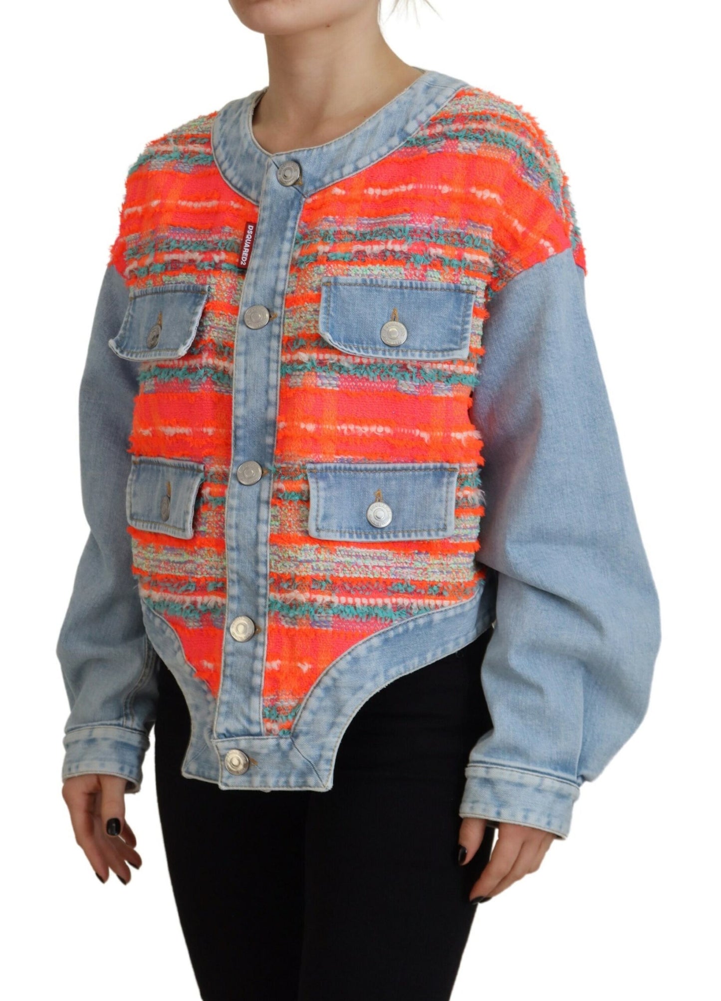 Orange-blaue Jeansjacke mit Einsätzen und Knopfleiste vorne