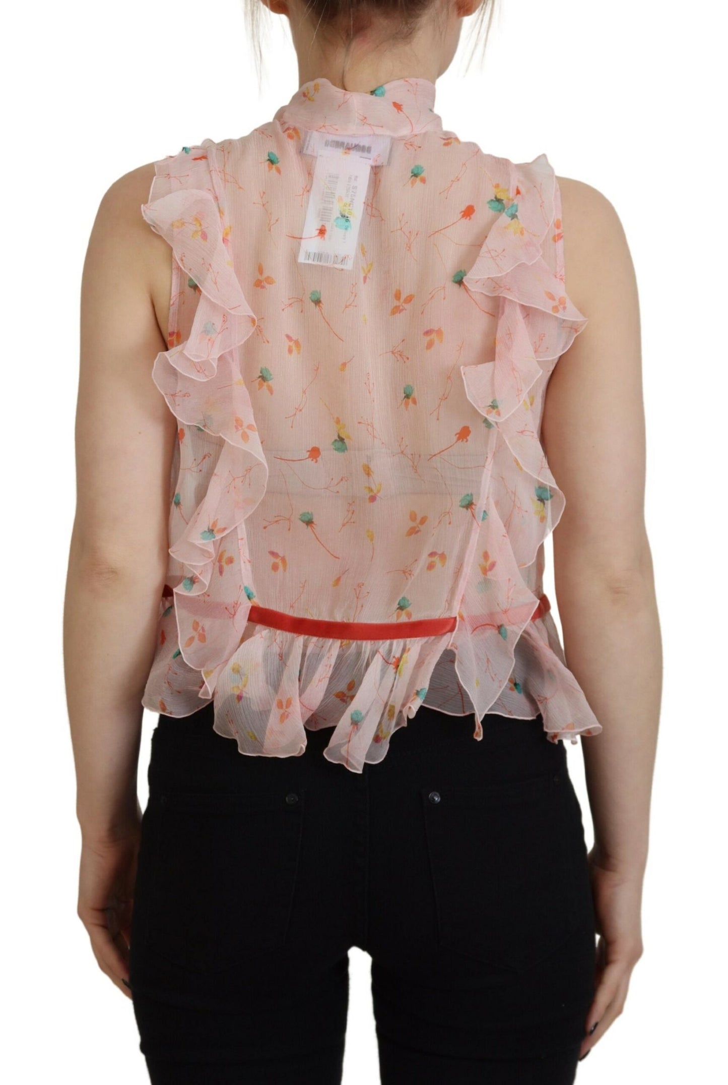 Pink Floral Print Silk Sleeveless Ascot Collar Top