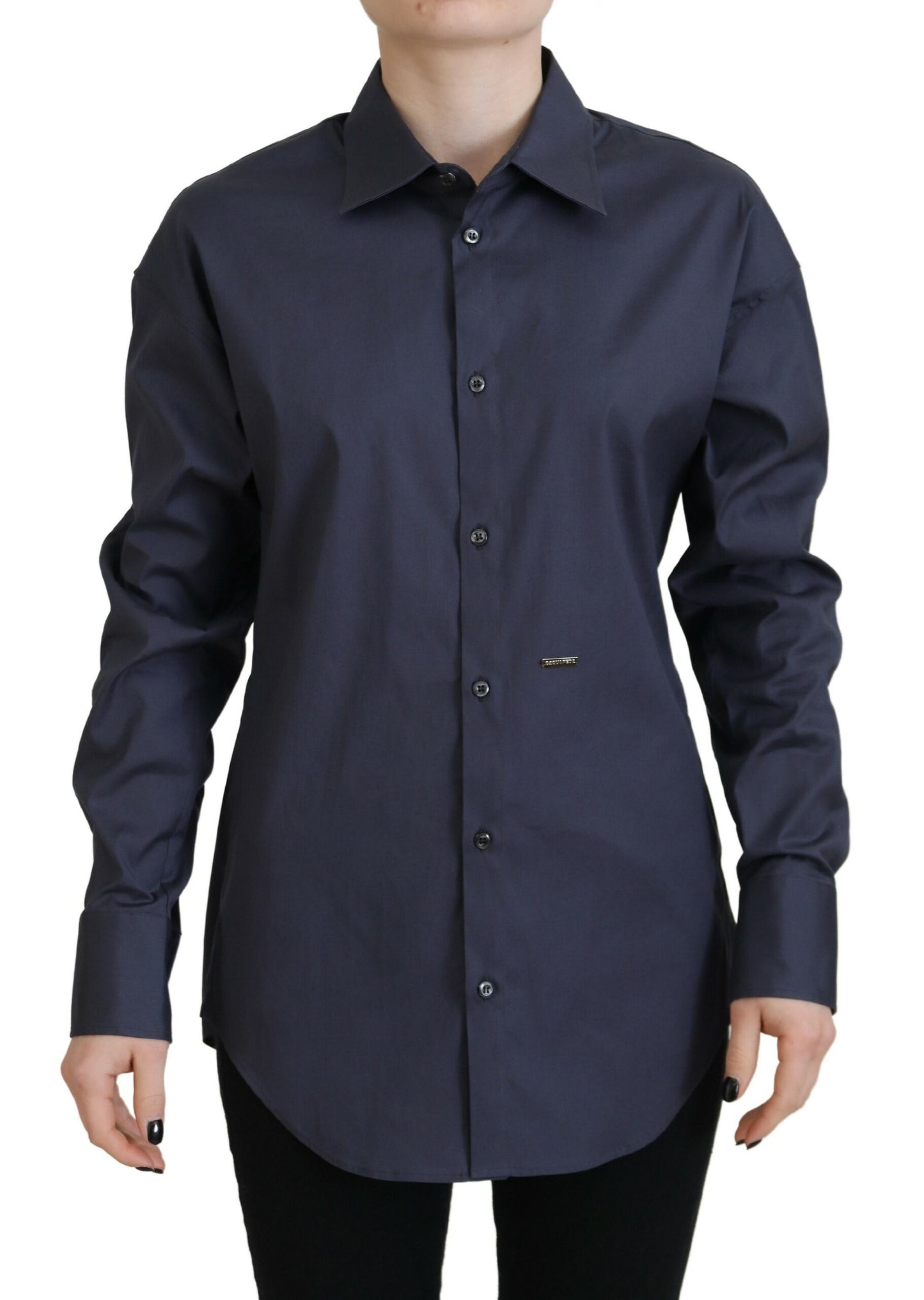 Marineblaues Hemd aus Baumwolle mit Button-Down-Kragen