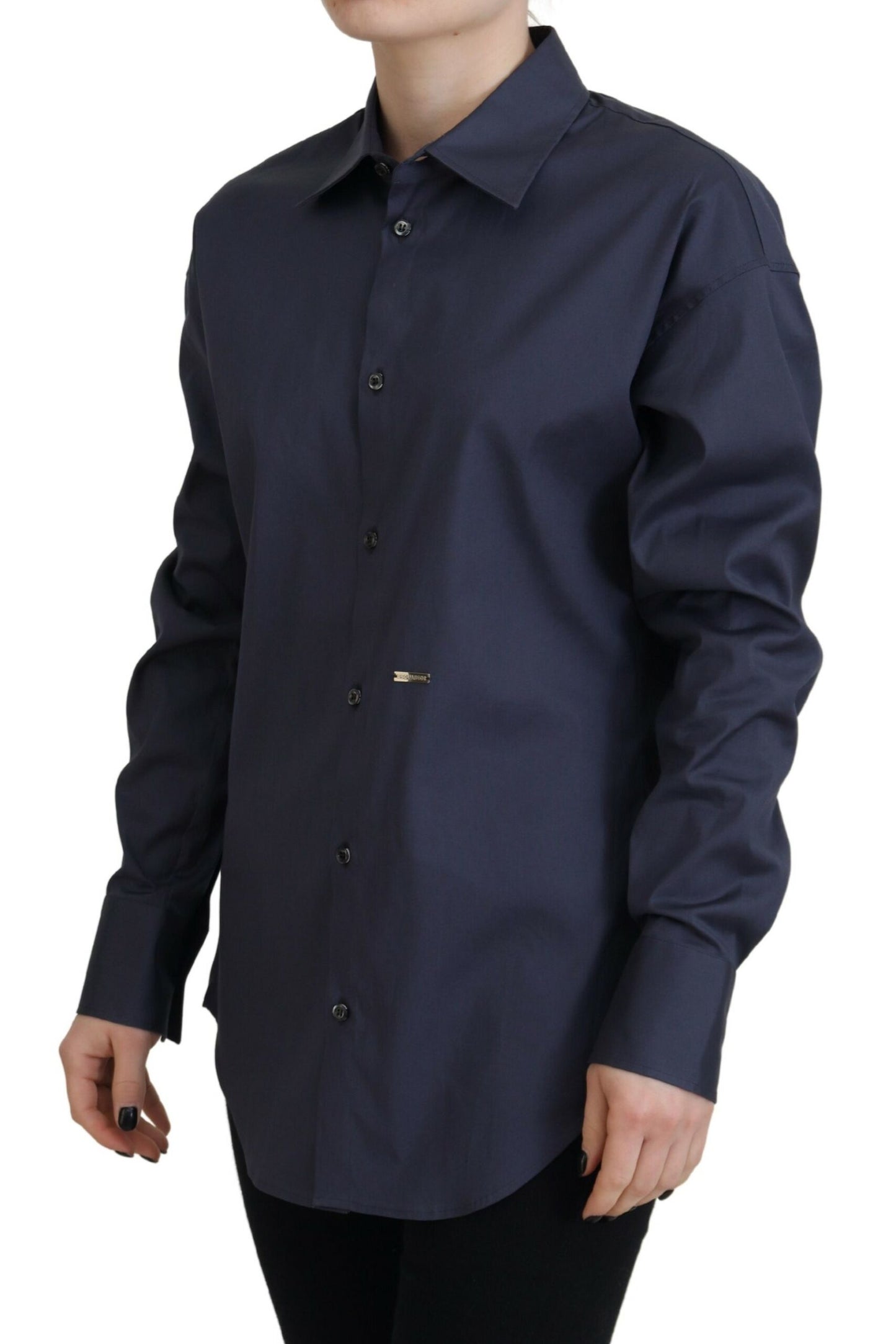 Marineblaues Hemd aus Baumwolle mit Button-Down-Kragen