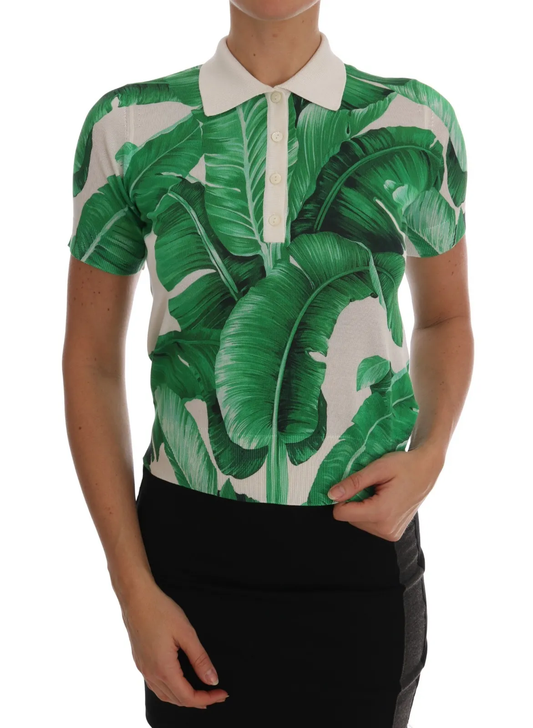 Grünes Seiden-Poloshirt mit Bananen-Print