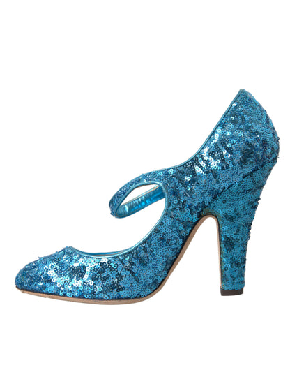 Blaue Mary Jane Pumps mit Pailletten und hohen Absätzen