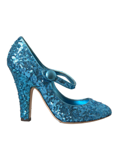 Blaue Mary Jane Pumps mit Pailletten und hohen Absätzen