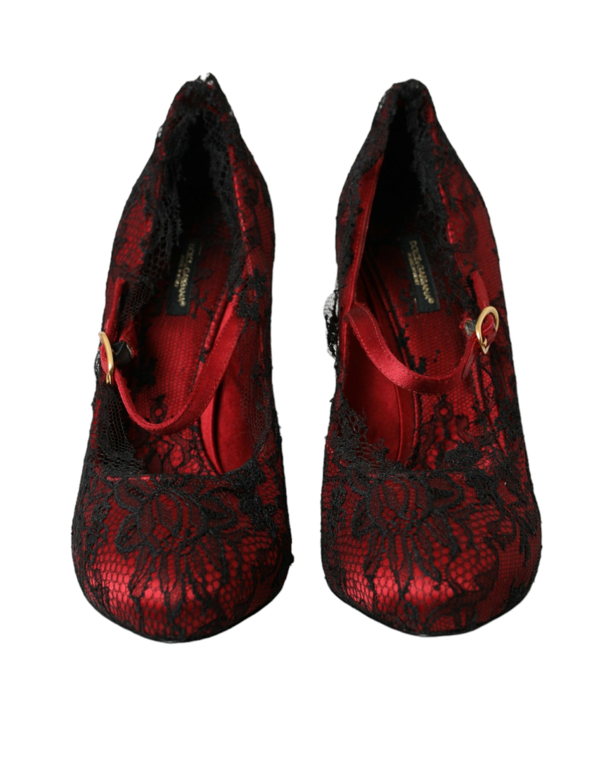 Rote und schwarze Mary Jane Pumps mit Blumenspitze