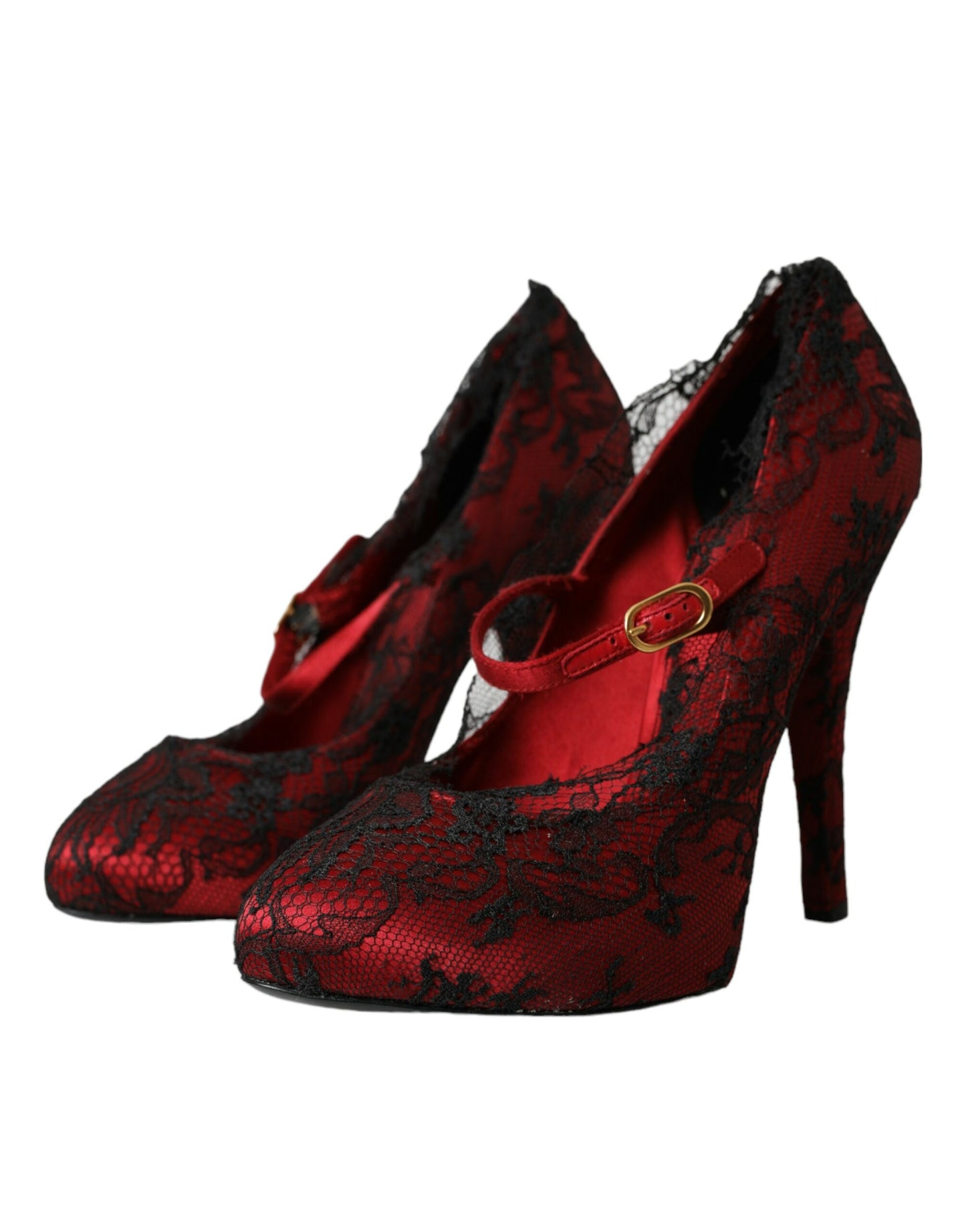 Rote und schwarze Mary Jane Pumps mit Blumenspitze