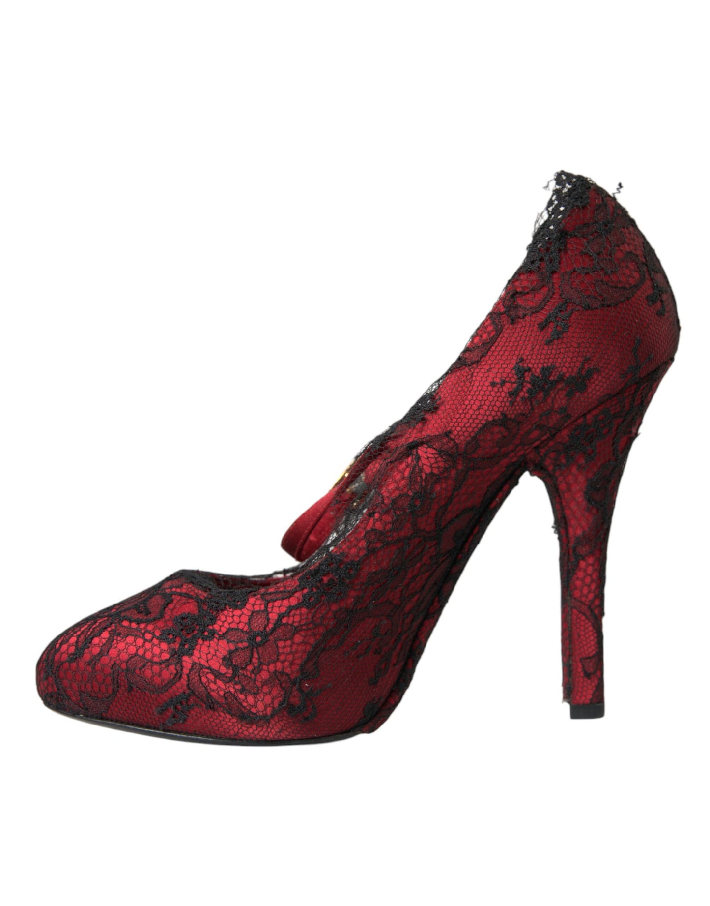 Rote und schwarze Mary Jane Pumps mit Blumenspitze