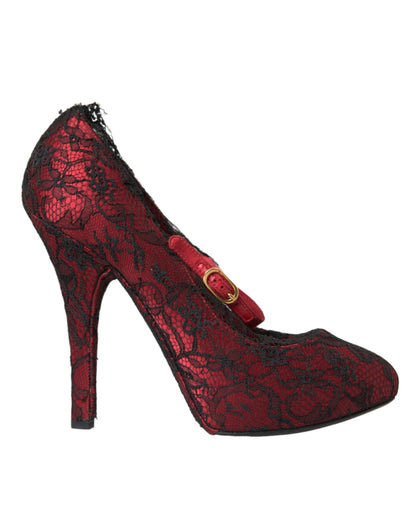 Rote und schwarze Mary Jane Pumps mit Blumenspitze