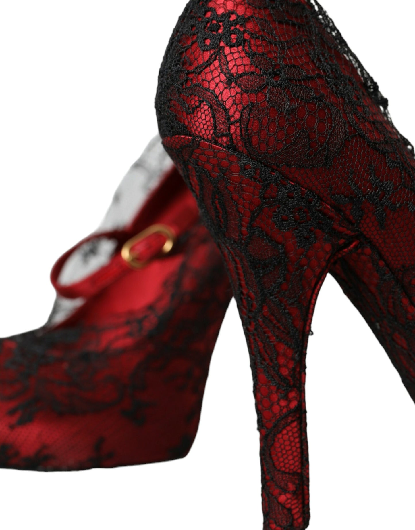 Rote und schwarze Mary Jane Pumps mit Blumenspitze