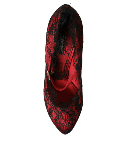 Rote und schwarze Mary Jane Pumps mit Blumenspitze