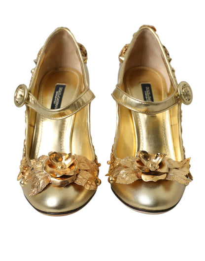 Goldfarbene Mary Janes Pumps aus Leder mit Kristallen