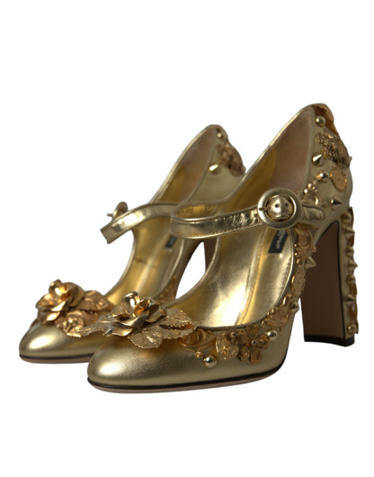 Goldfarbene Mary Janes Pumps aus Leder mit Kristallen