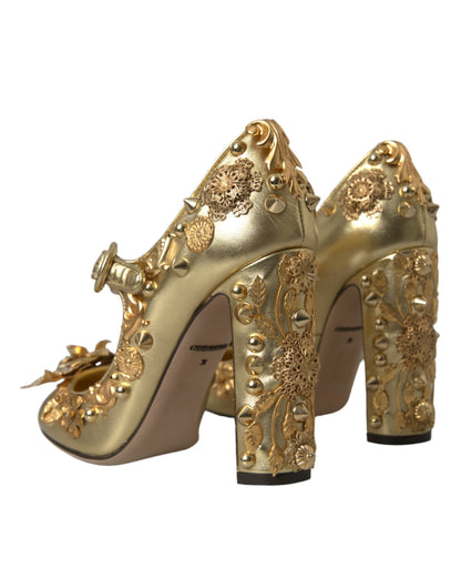 Goldfarbene Mary Janes Pumps aus Leder mit Kristallen