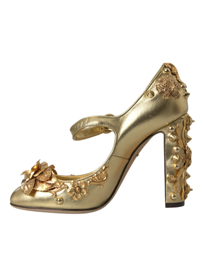 Goldfarbene Mary Janes Pumps aus Leder mit Kristallen