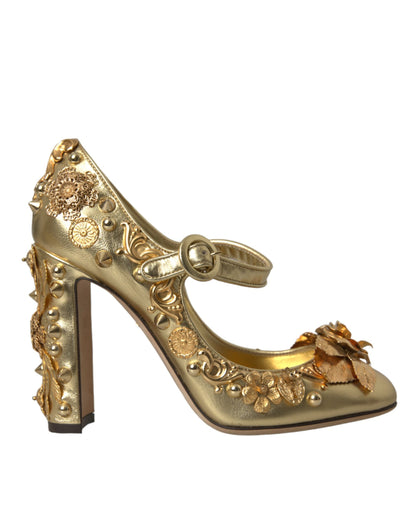 Goldfarbene Mary Janes Pumps aus Leder mit Kristallen