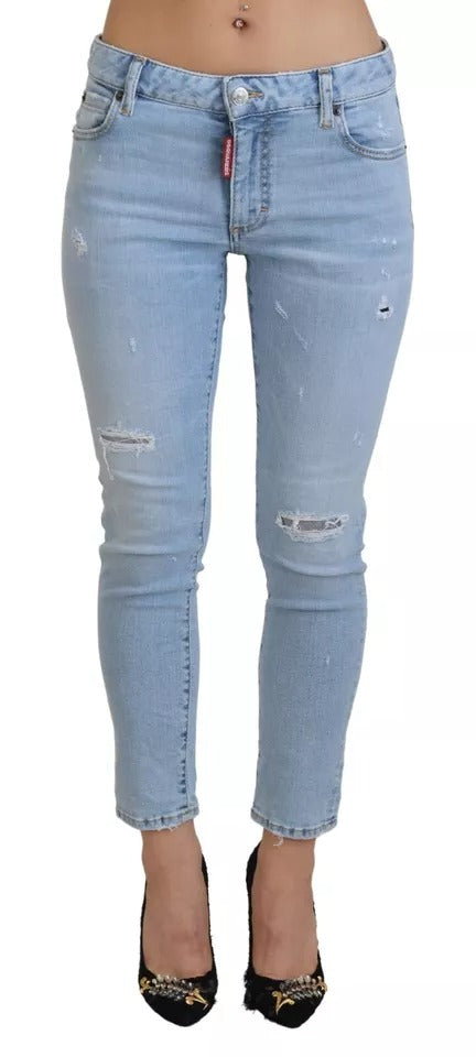 Blaue, zerfetzte, verkürzte Twiggy-Jeans aus Denim mit mittlerer Taille