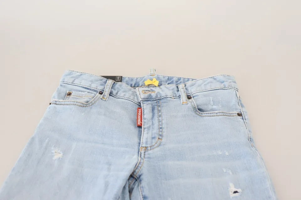 Blaue, zerfetzte, verkürzte Twiggy-Jeans aus Denim mit mittlerer Taille