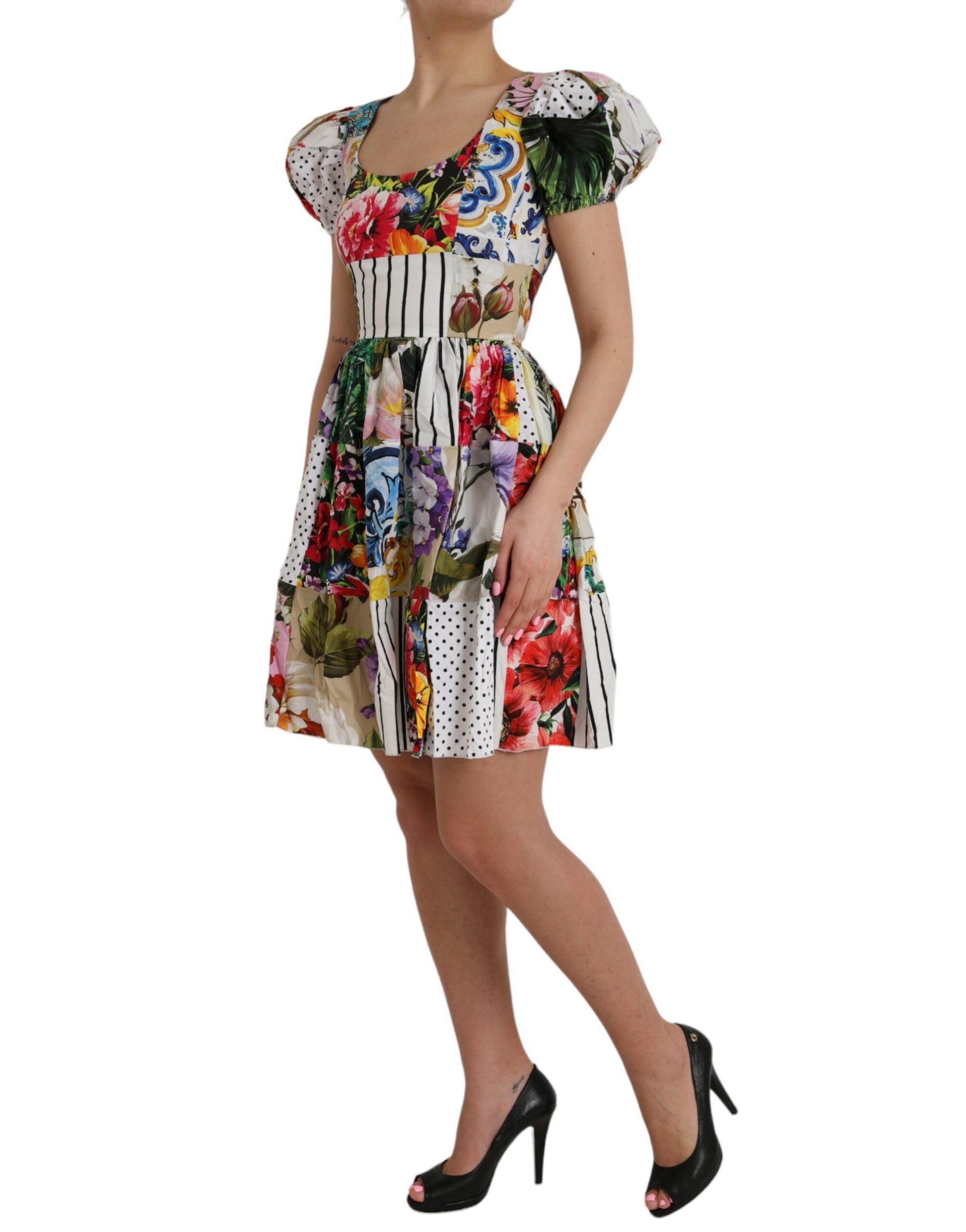 Mehrfarbiges Aline-Minikleid aus Baumwolle mit Patchwork