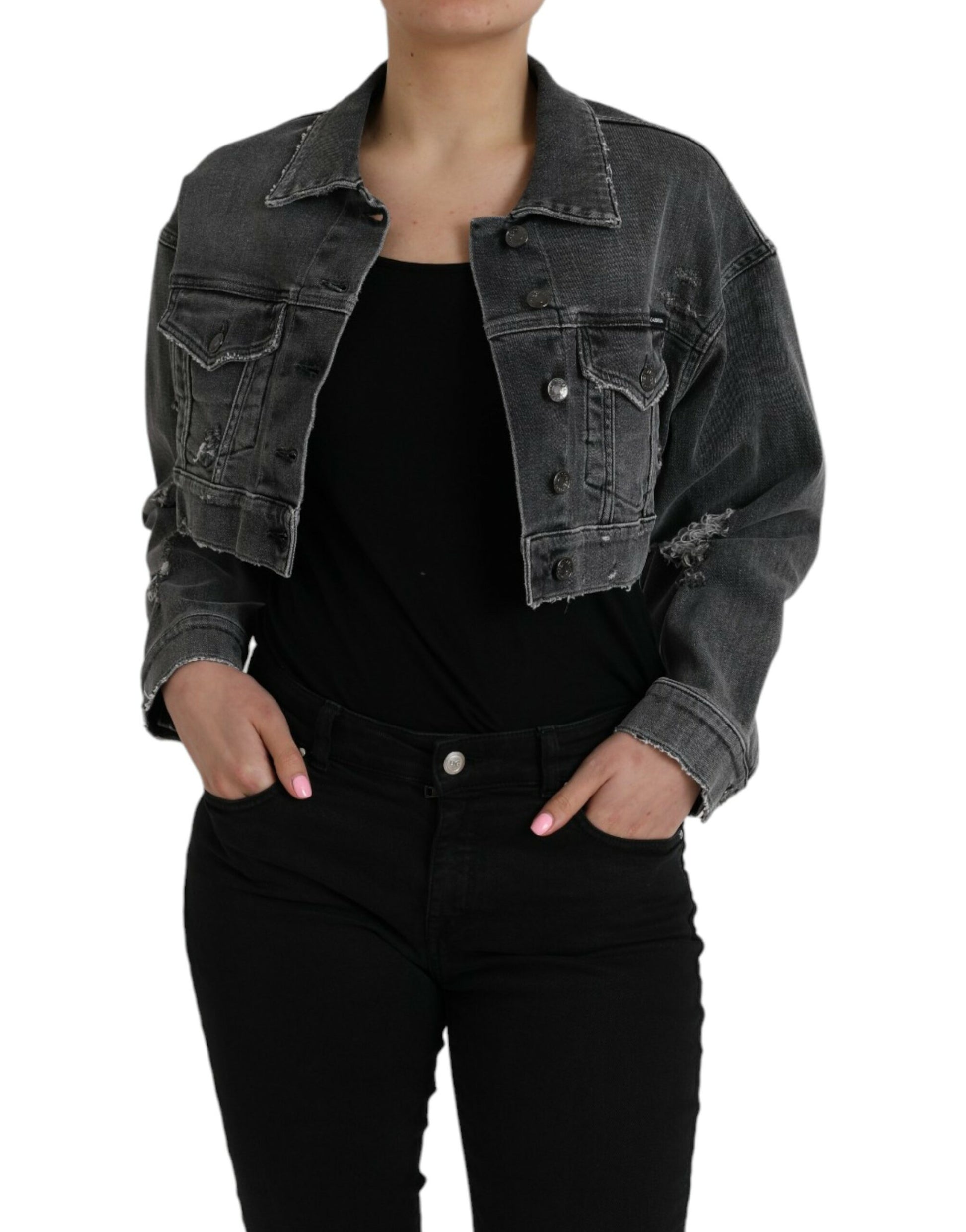 Dark Gray Cotton Stretch Cropped Denim Jacket