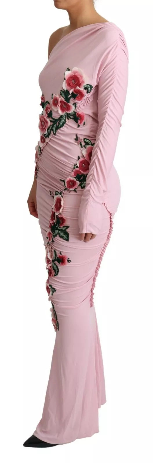 Pink Flower Embellished One Shoulder Dress