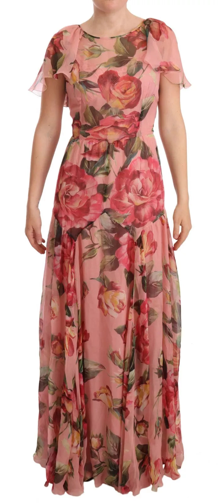 Rosa Maxikleid aus Seide mit Blumenmuster