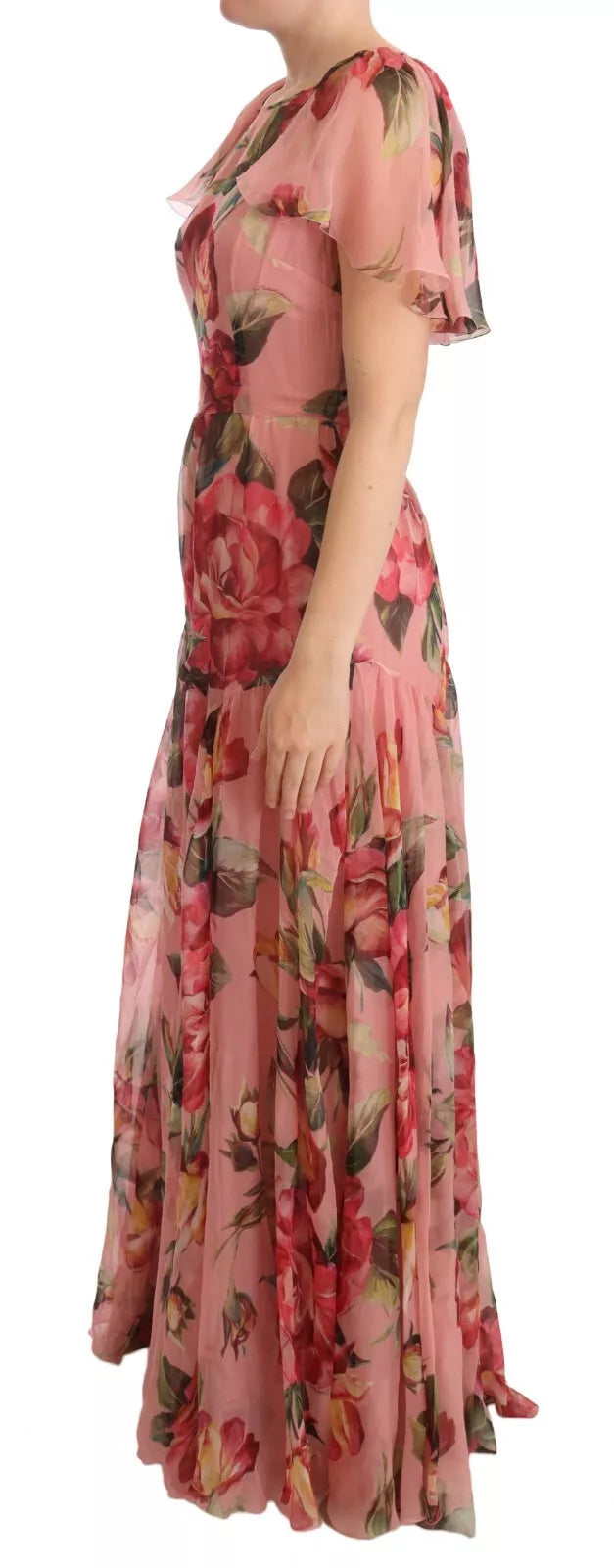 Rosa Maxikleid aus Seide mit Blumenmuster