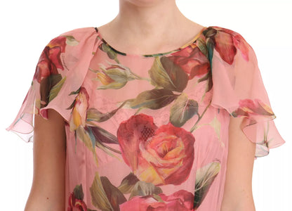 Rosa Maxikleid aus Seide mit Blumenmuster