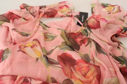 Rosa Maxikleid aus Seide mit Blumenmuster