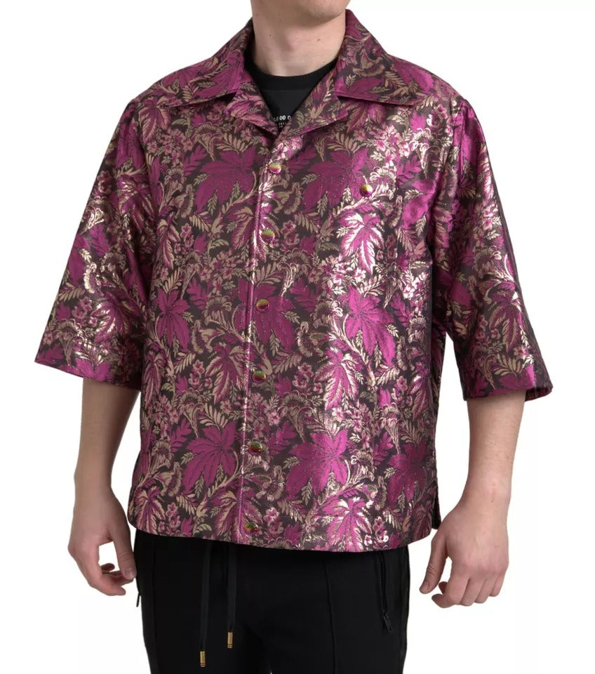 Fuchsienrosa Jacquard-Button-Down-Hemd mit Blumenmuster