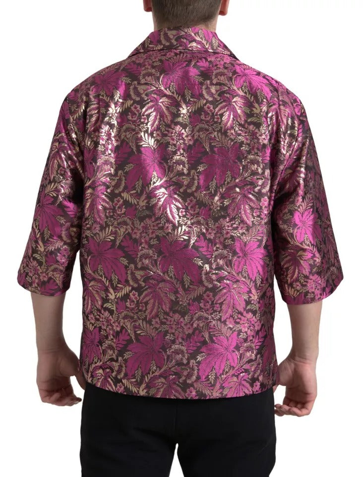 Fuchsienrosa Jacquard-Button-Down-Hemd mit Blumenmuster