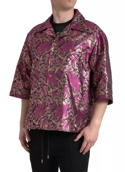 Fuchsienrosa Jacquard-Button-Down-Hemd mit Blumenmuster