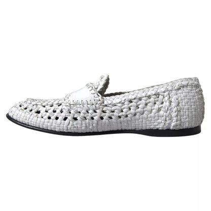 White Woven Leather Men Slip On Loafers Shoes