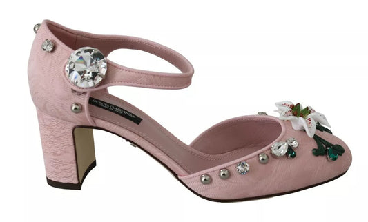 Rosa Brokat-Schuhe mit Fesselriemchen und Kristalllilie