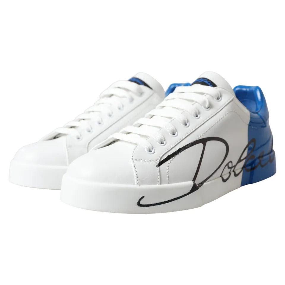 Weiß Blau Leder Logo Low Top Sneakers Schuhe