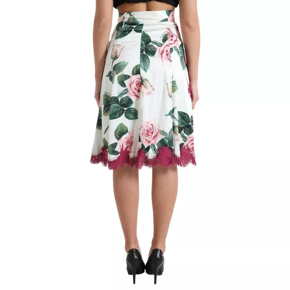 White Rose Print High Waist Midi A-line Skirt