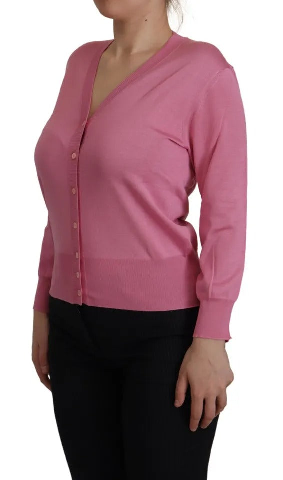 Rosa Strickjacke aus 100 % Seide mit Knopfleiste