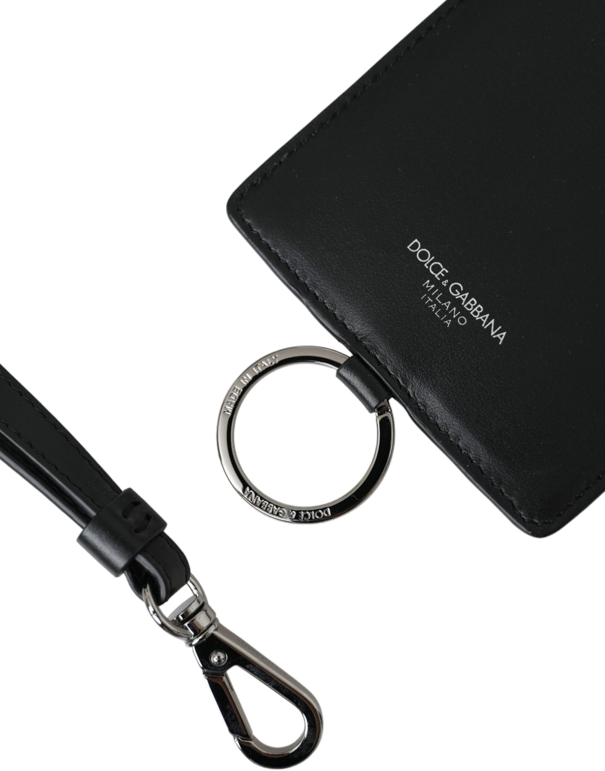 Black Calf Leather Lanyard Logo Card Holder Men Wallet