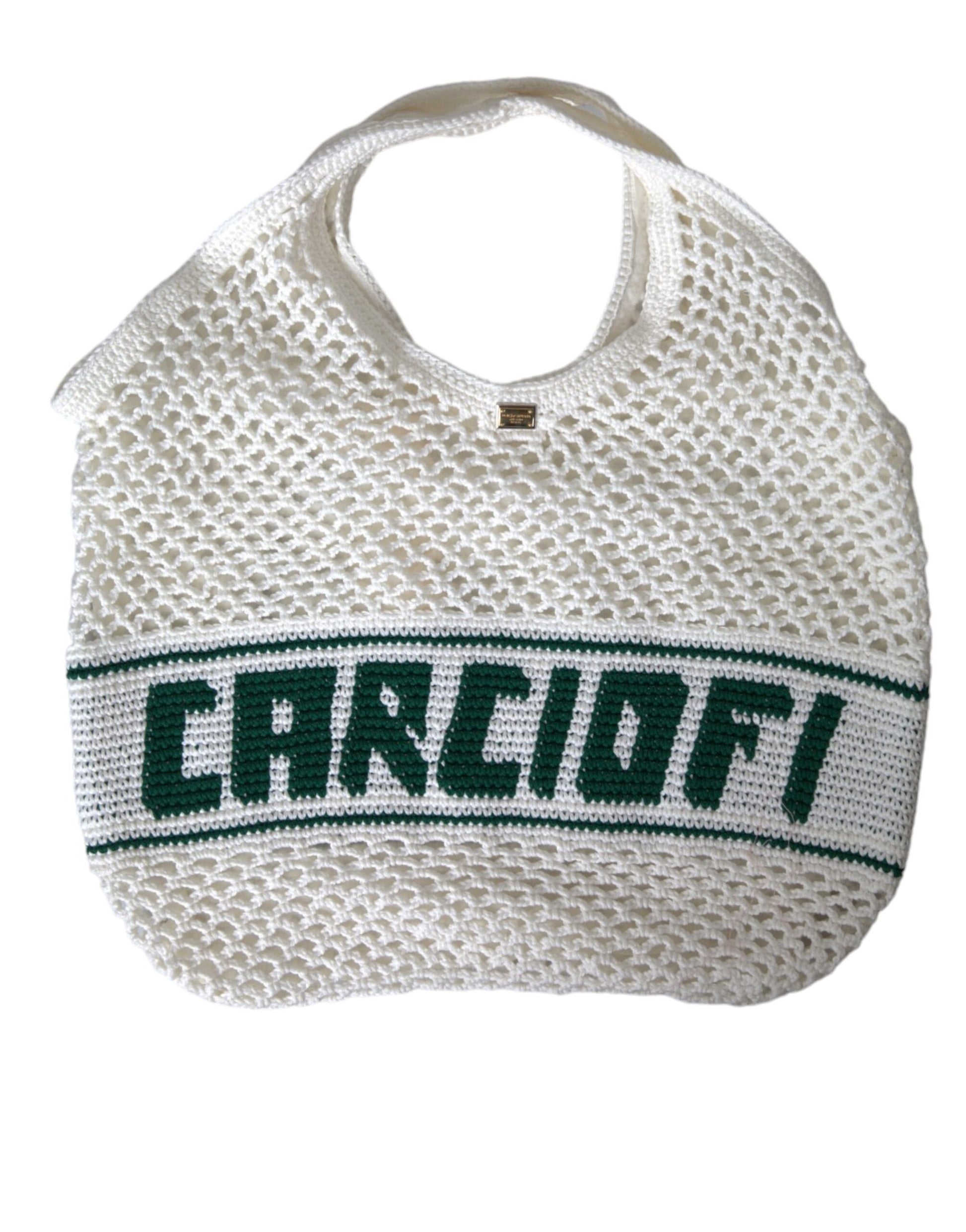 White Green Knitted Cotton Logo Shopping Tote Bag