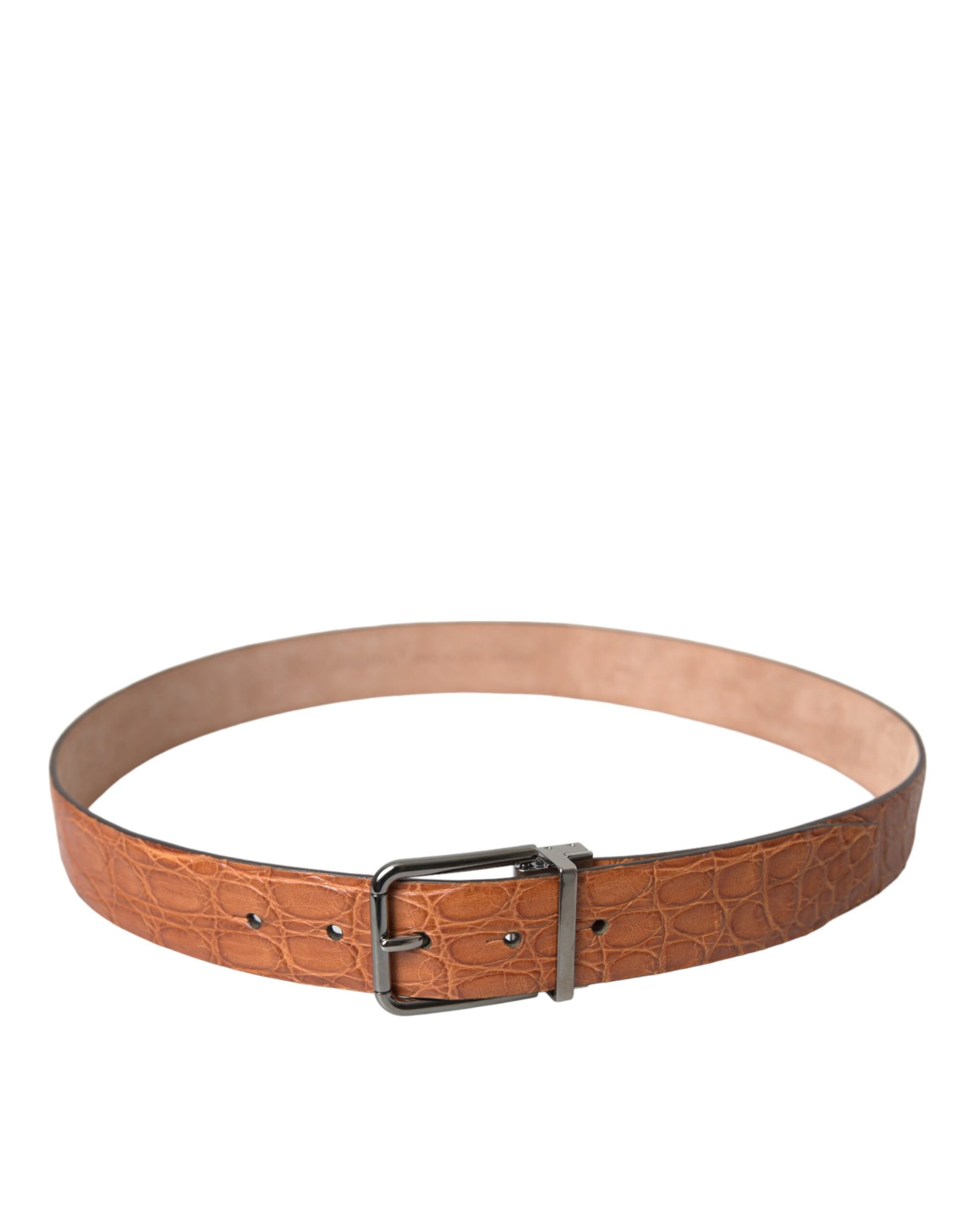 Brown Exotic Leather Silver Metal Buckle Belt